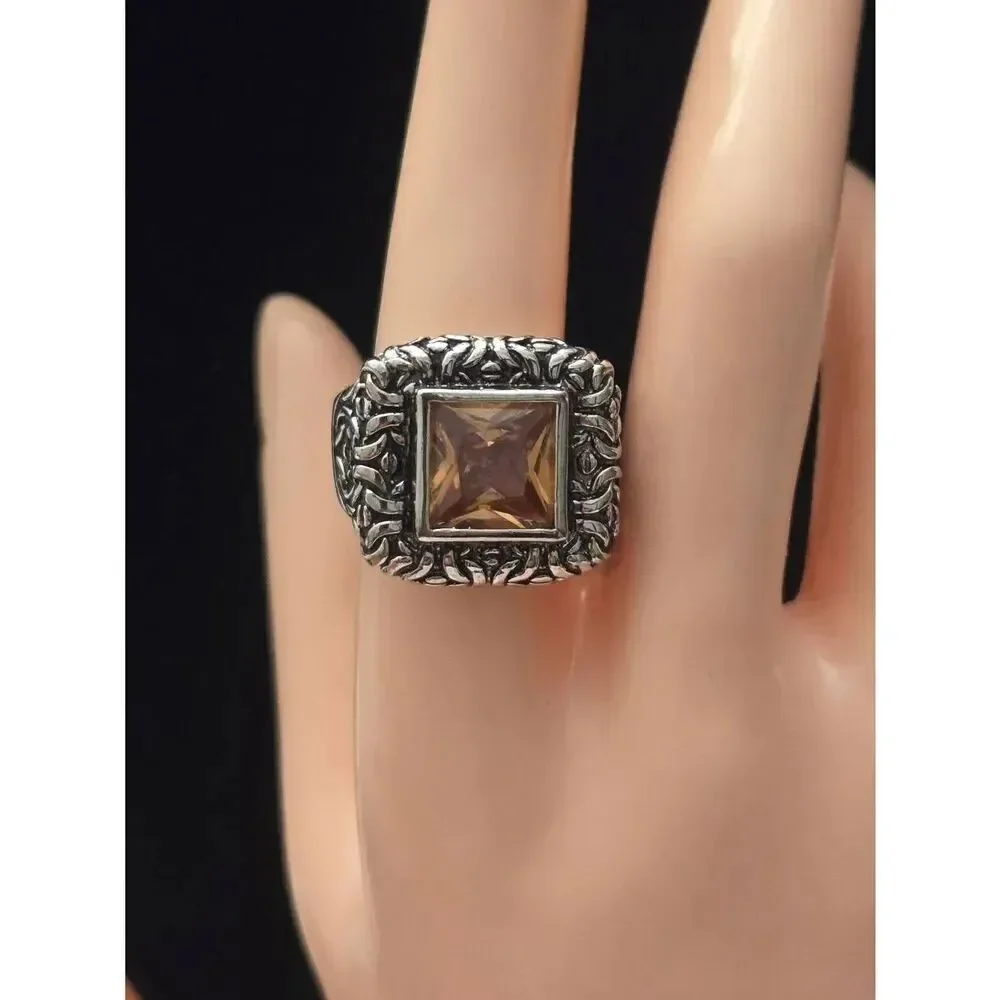Women's Size 9 Amber Crystal CZ Silver Tone Ring